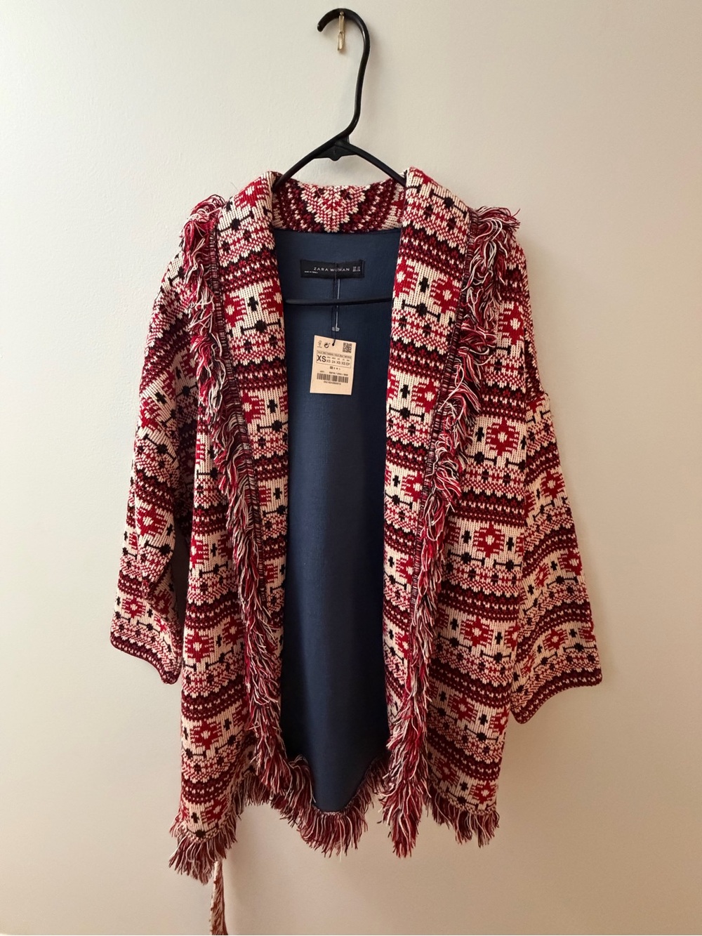 Zara Red and Cream Patterned Fringed Open Cape